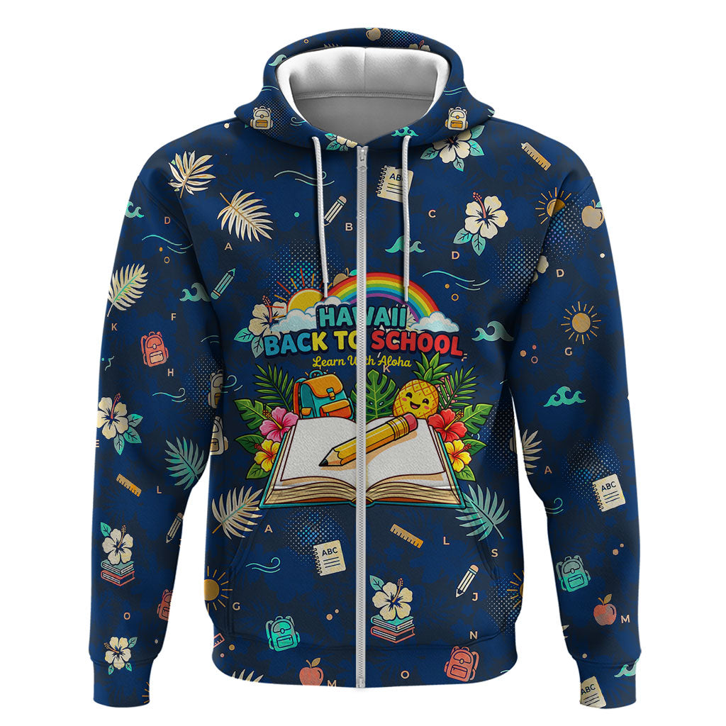 Personalized Hawaii Back To School Aloha Learning Zip Hoodie Retro Rainbow open Notebook with Pineapple and Hibiscus Flowers TS04 Zip Hoodie Blue - Polynesian Pride