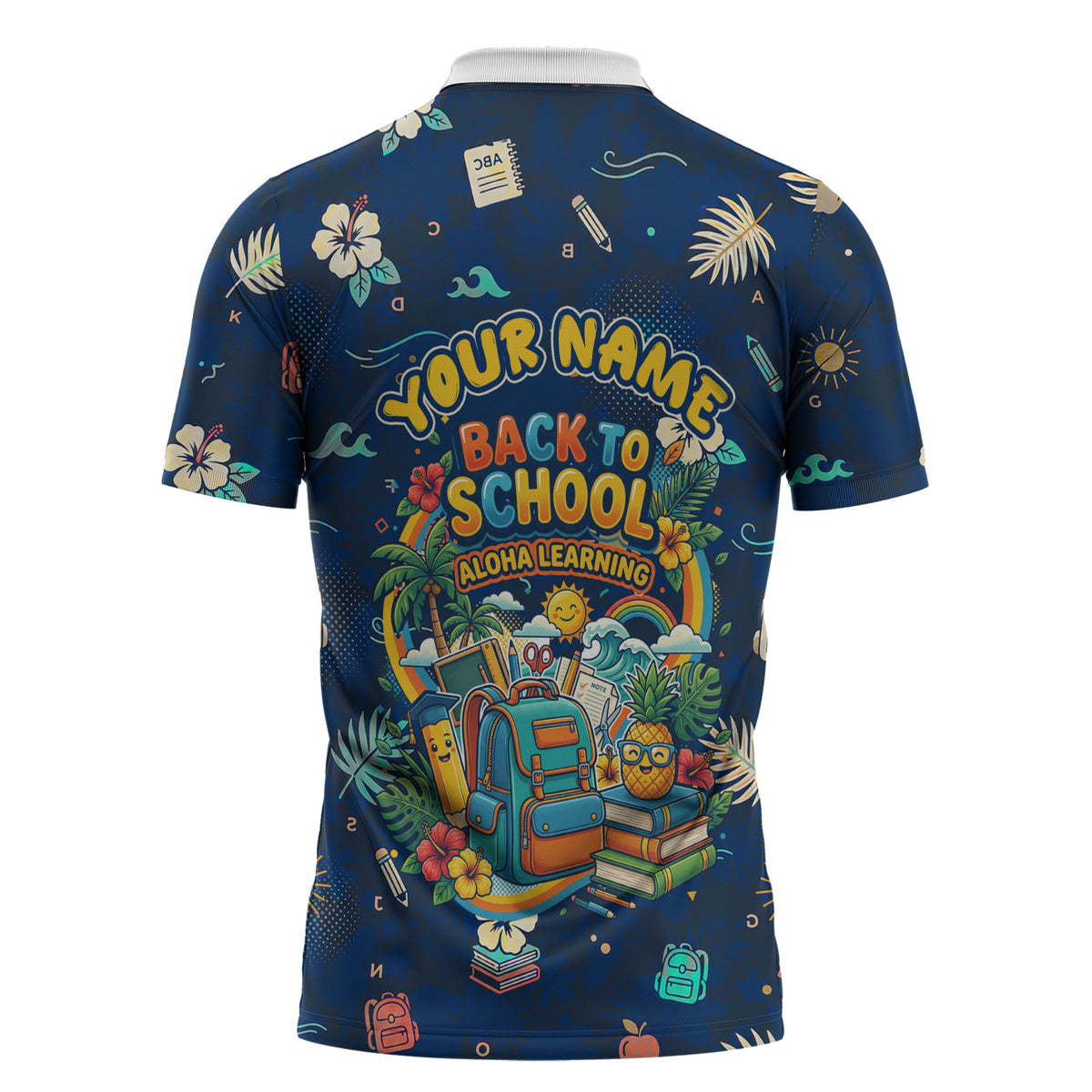 Personalized Hawaii Back To School Aloha Learning Zipper Polo Shirt Retro Rainbow open Notebook with Pineapple and Hibiscus Flowers TS04 - Polynesian Pride
