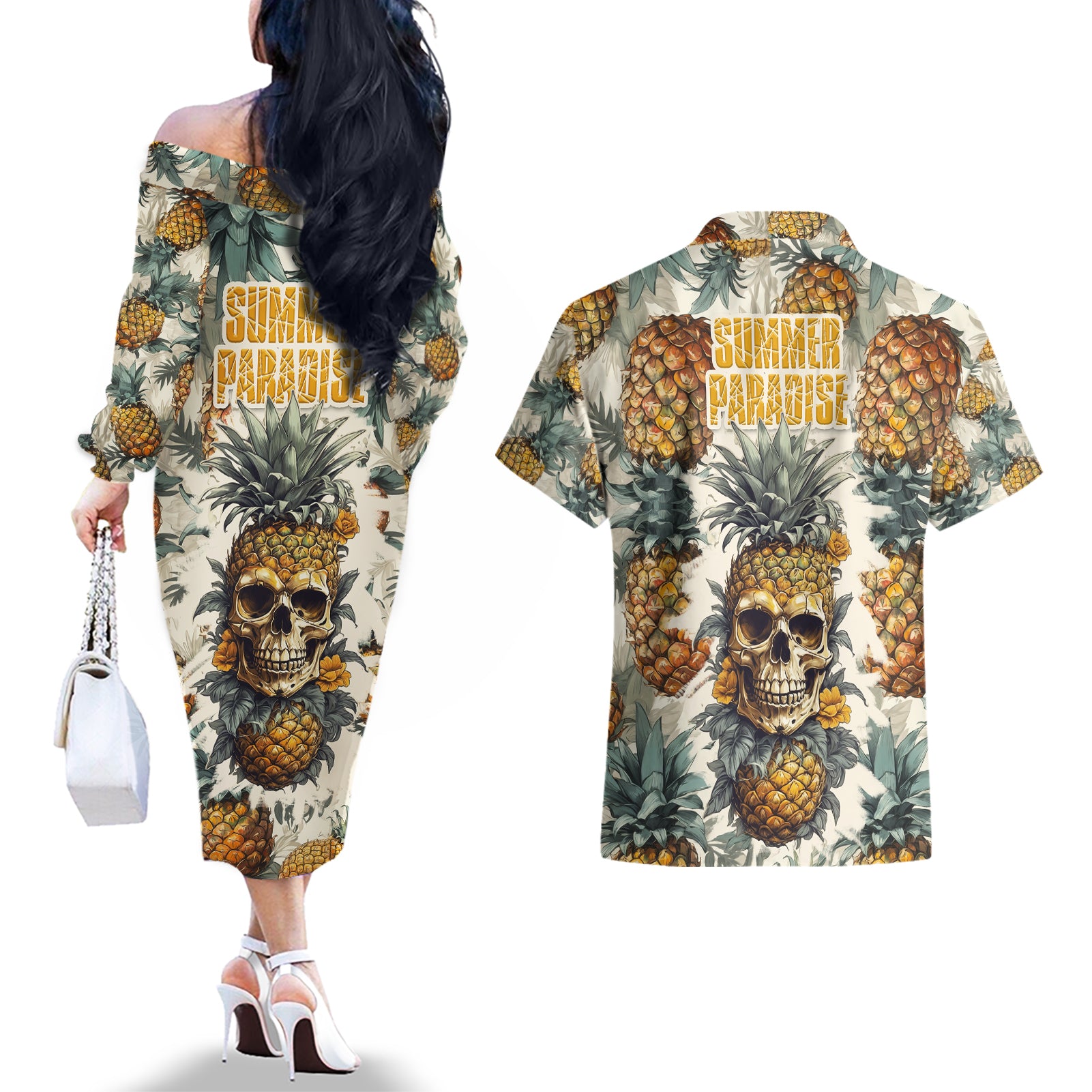 Pineapple Skull Couples Matching Off The Shoulder Long Sleeve Dress and Hawaiian Shirt Summer Paradise TS04 Multicolor - Polynesian Pride