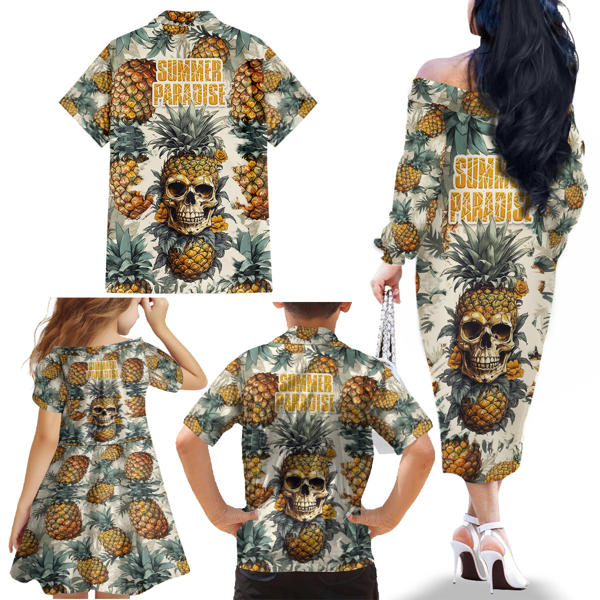 Pineapple Skull Family Matching Off Shoulder Long Sleeve Dress and Hawaiian Shirt Summer Paradise TS04 - Polynesian Pride