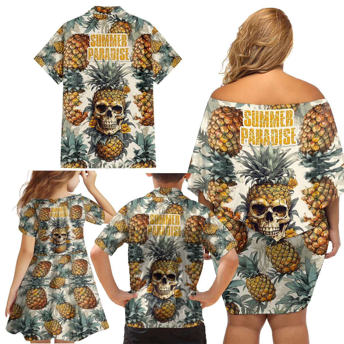 Pineapple Skull Family Matching Off Shoulder Short Dress and Hawaiian Shirt Summer Paradise TS04 - Polynesian Pride