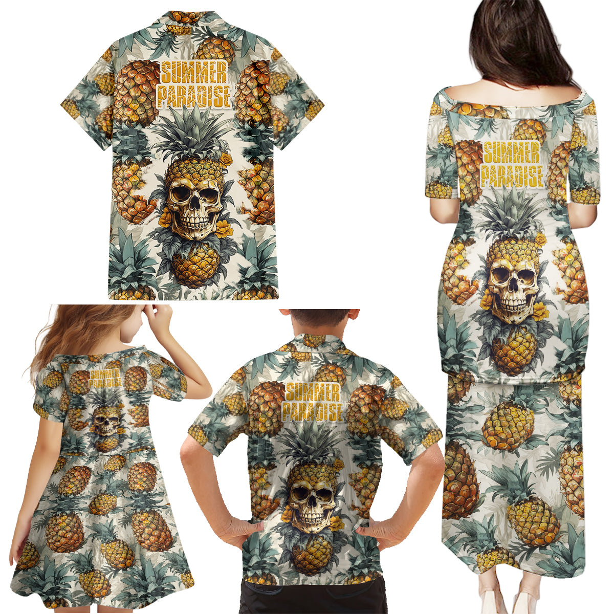 Pineapple Skull Family Matching Puletasi Dress and Hawaiian Shirt Summer Paradise TS04 - Polynesian Pride