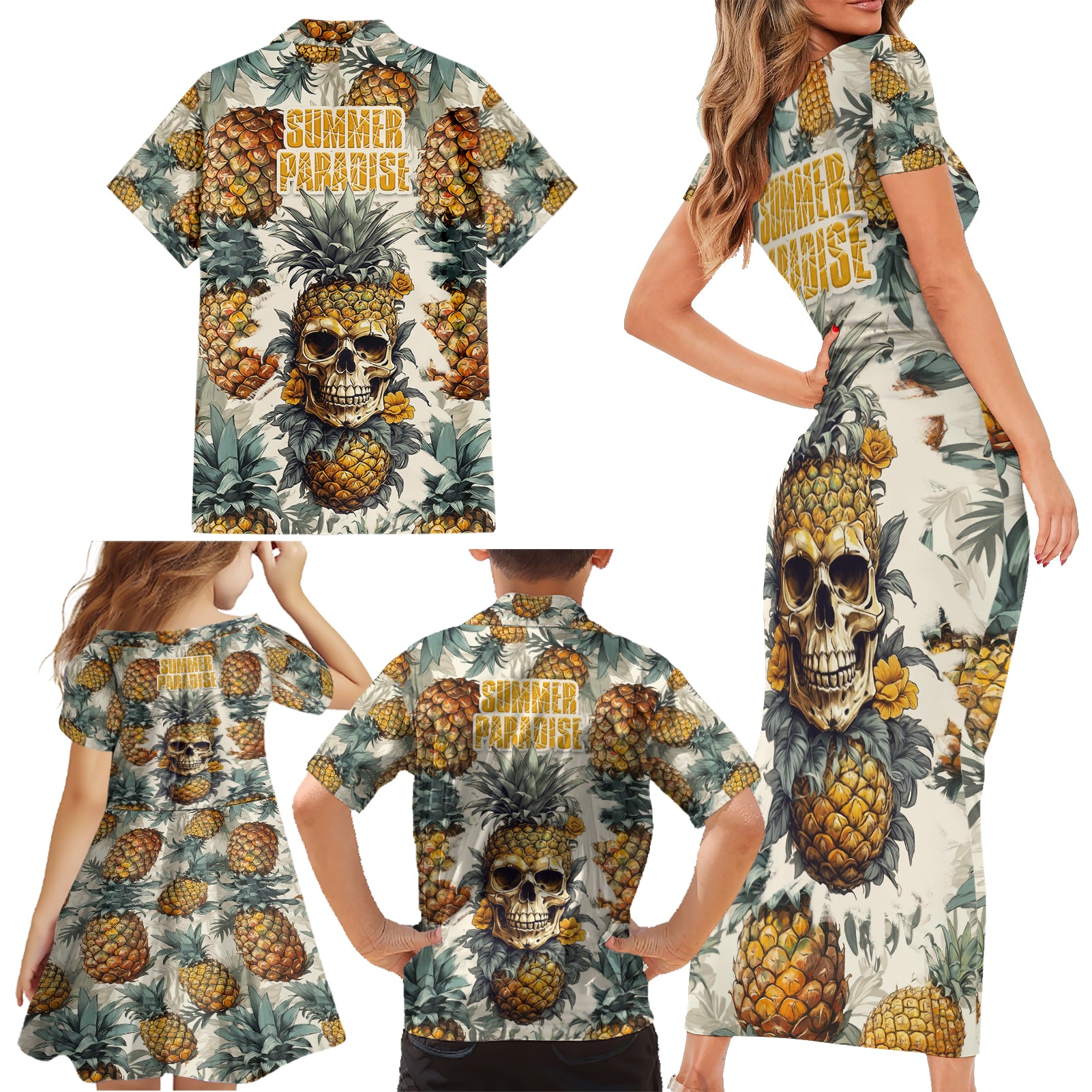 Pineapple Skull Family Matching Short Sleeve Bodycon Dress and Hawaiian Shirt Summer Paradise TS04 - Polynesian Pride