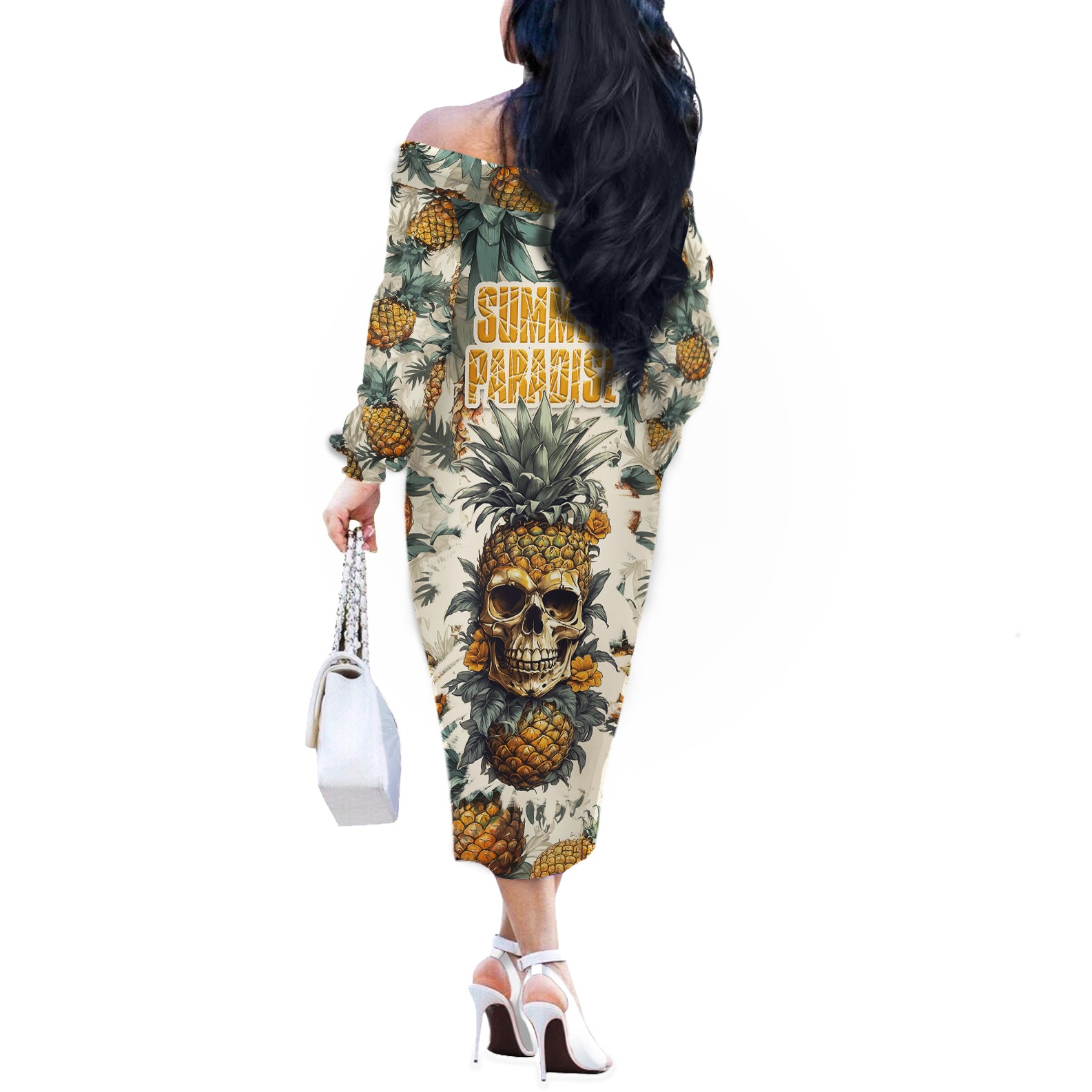 Pineapple Skull Off The Shoulder Long Sleeve Dress Summer Paradise TS04 Women Multicolor - Polynesian Pride