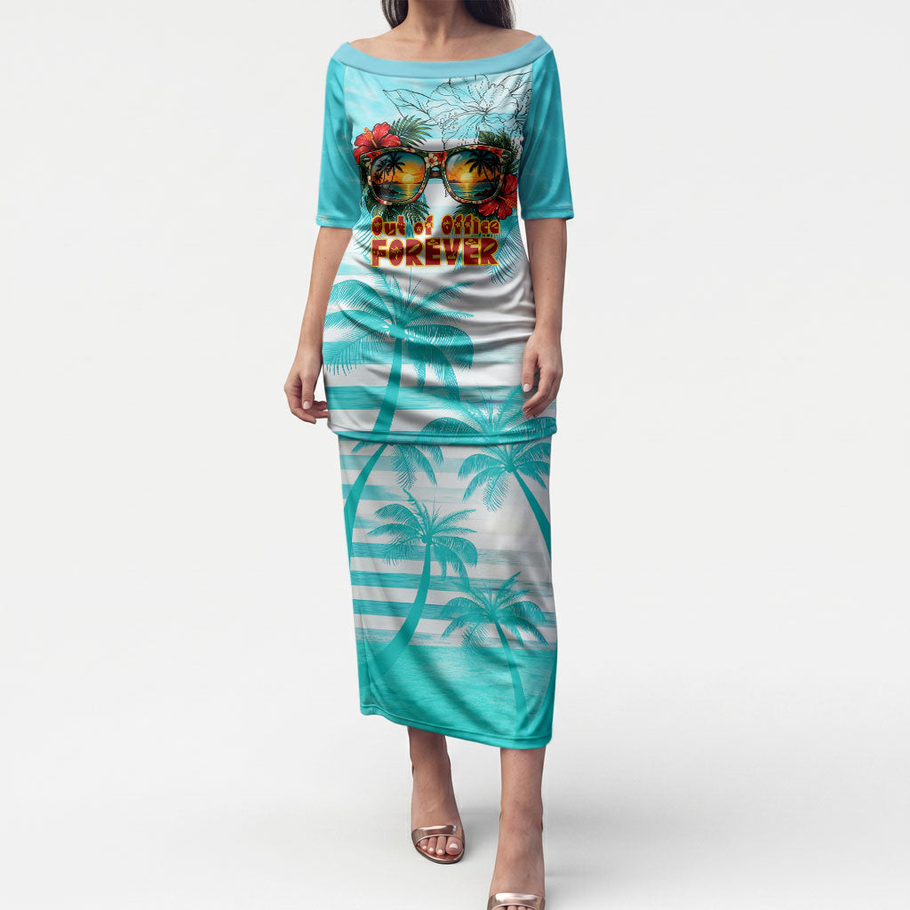 Out Of Office Retired Relocated Puletasi Tropical Island Hawaiian Beach Sunset Sunglasses Suitcase TS04 Long Dress Blue White - Polynesian Pride