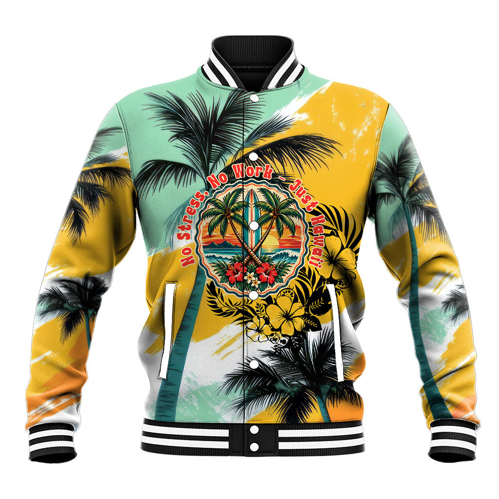 Hawaii Retirement Vacation Baseball Jacket Tropical Sunset Beach Pink Flamingo Surfboard Palm Tree