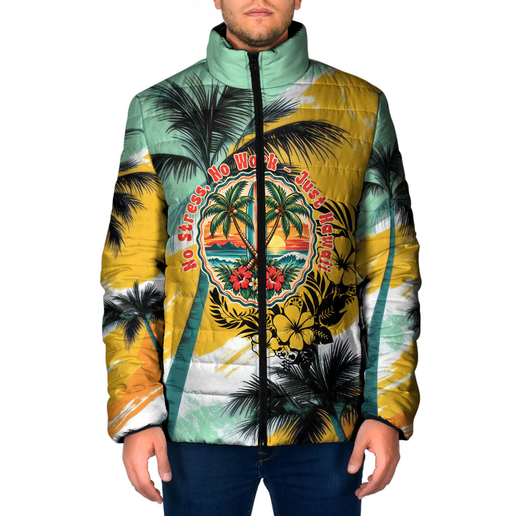 Hawaii Retirement Vacation Padded Jacket Tropical Sunset Beach Pink Flamingo Surfboard Palm Tree TS04 Men Yellow Green - Polynesian Pride