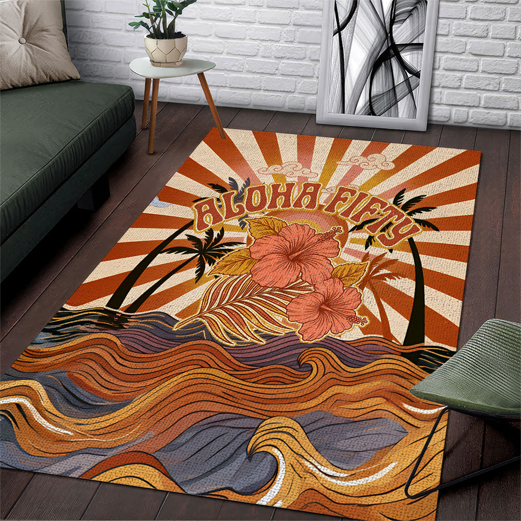 Aloha Nifty 50th Birthday Hawaii Area Rug Vintage Retro Sunburst Tropical Palm Tree Surfboard Art