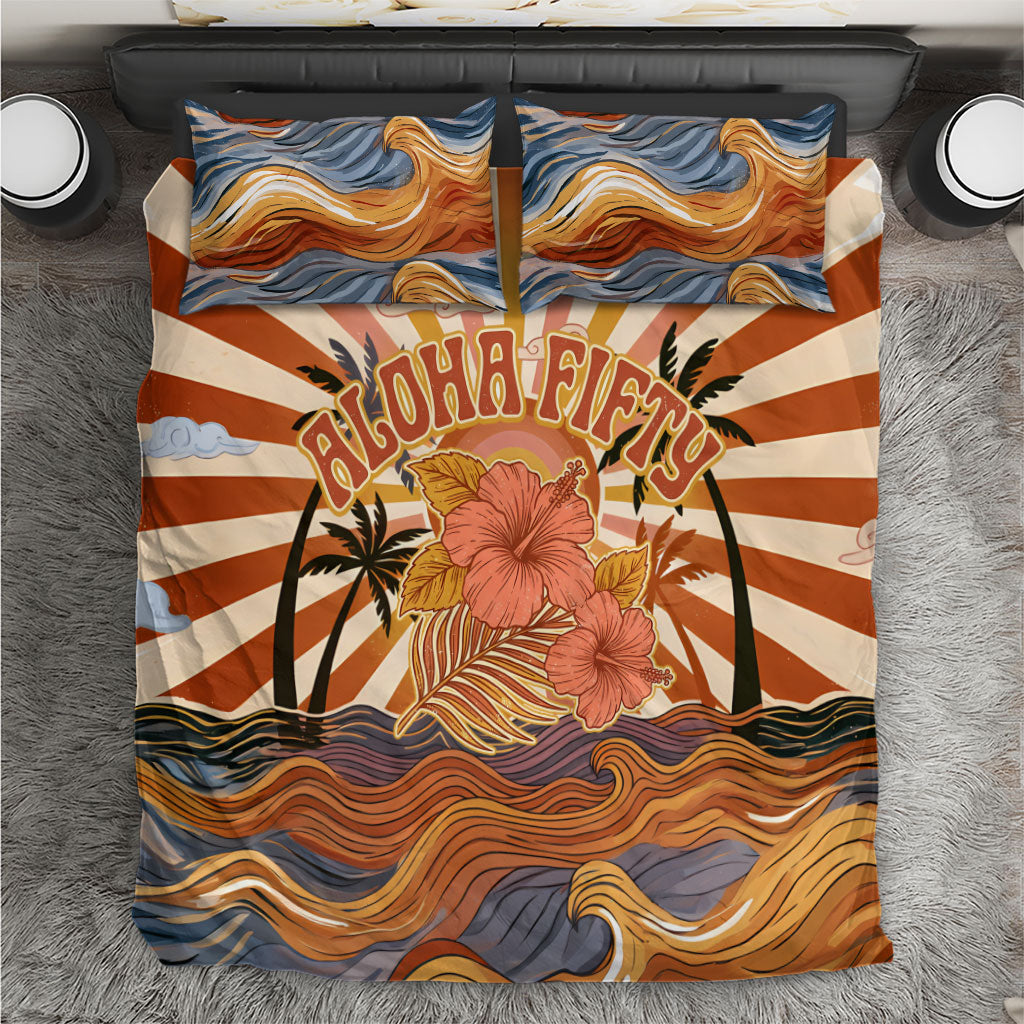 Aloha Nifty 50th Birthday Hawaii Bedding Set Vintage Retro Sunburst Tropical Palm Tree Surfboard Art TS04 Orange Beige - Polynesian Pride