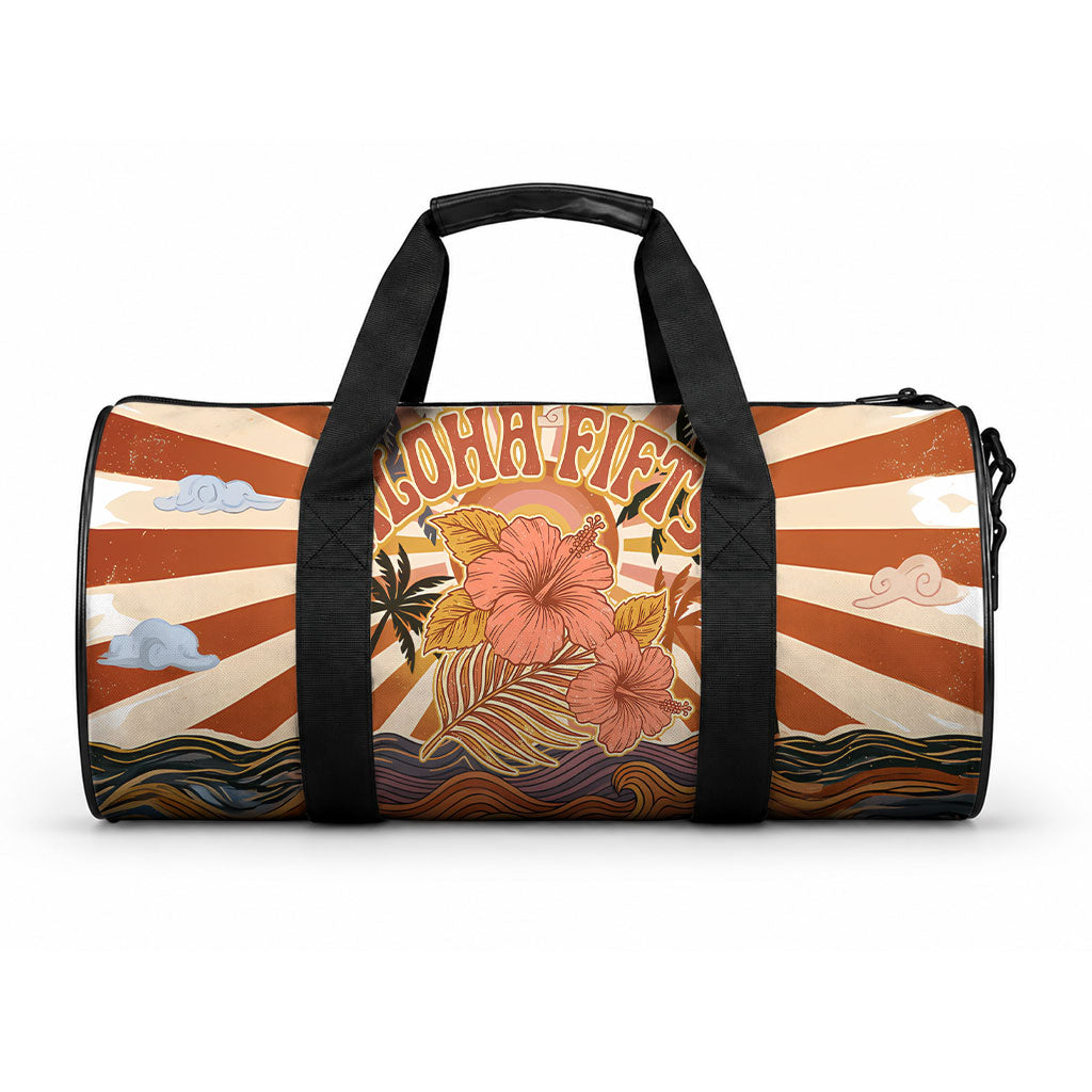 Aloha Nifty 50th Birthday Hawaii Duffle Bag Vintage Retro Sunburst Tropical Palm Tree Surfboard Art