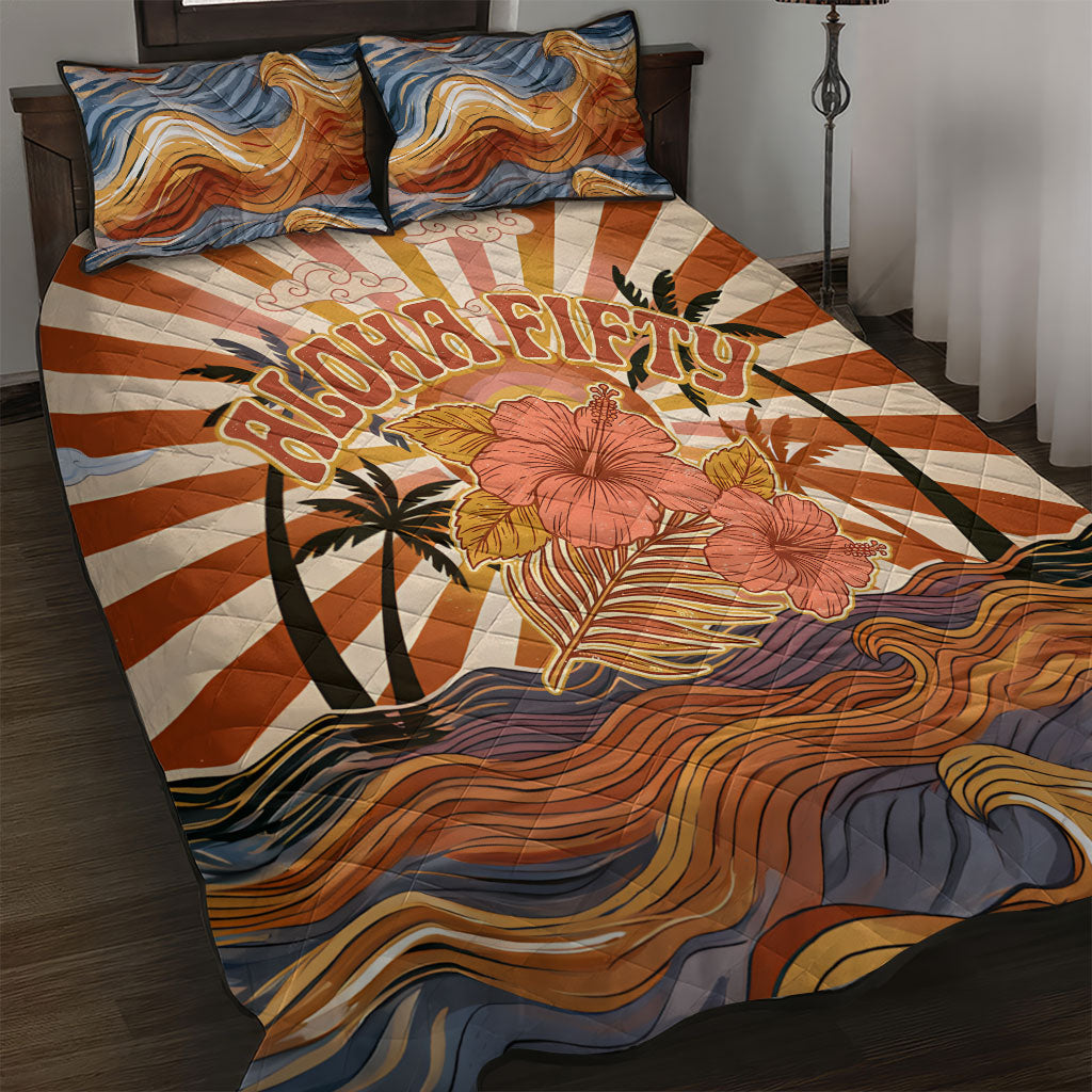 Aloha Nifty 50th Birthday Hawaii Quilt Bed Set Vintage Retro Sunburst Tropical Palm Tree Surfboard Art TS04 Orange Beige - Polynesian Pride