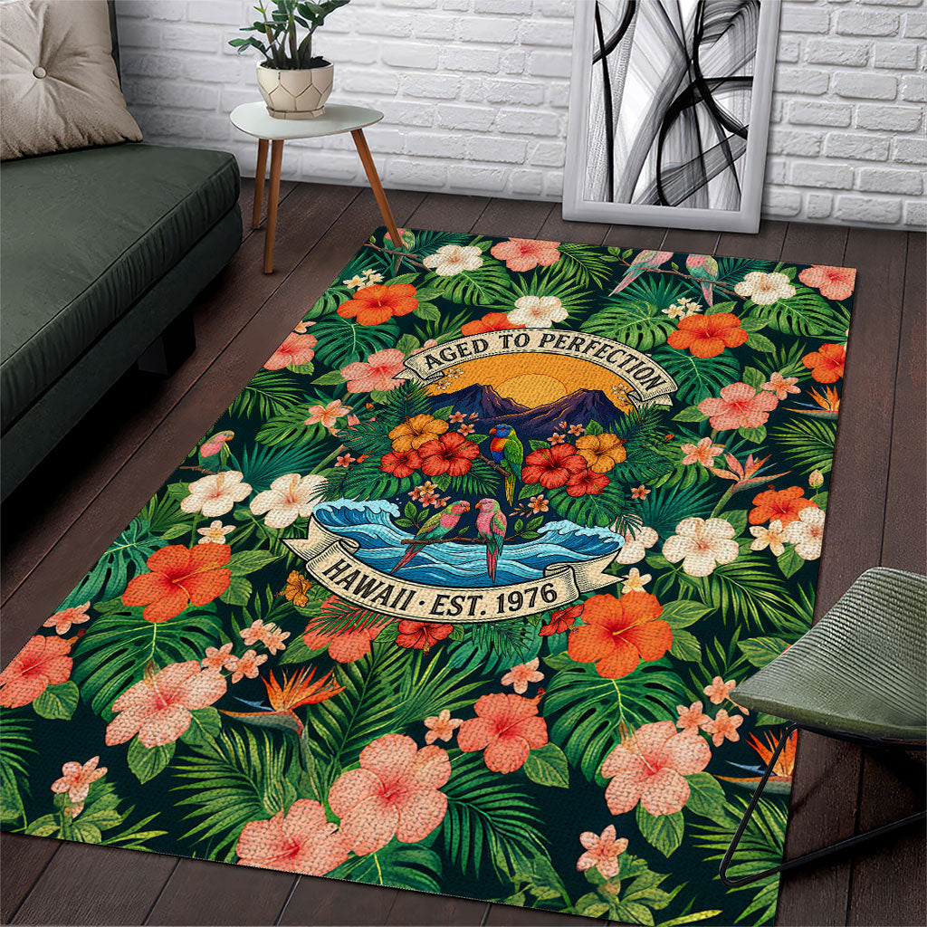 Hawaii 50th Birthday Area Rug Tropical Vintage Floral Hibiscus Parrot Island Sunset Art