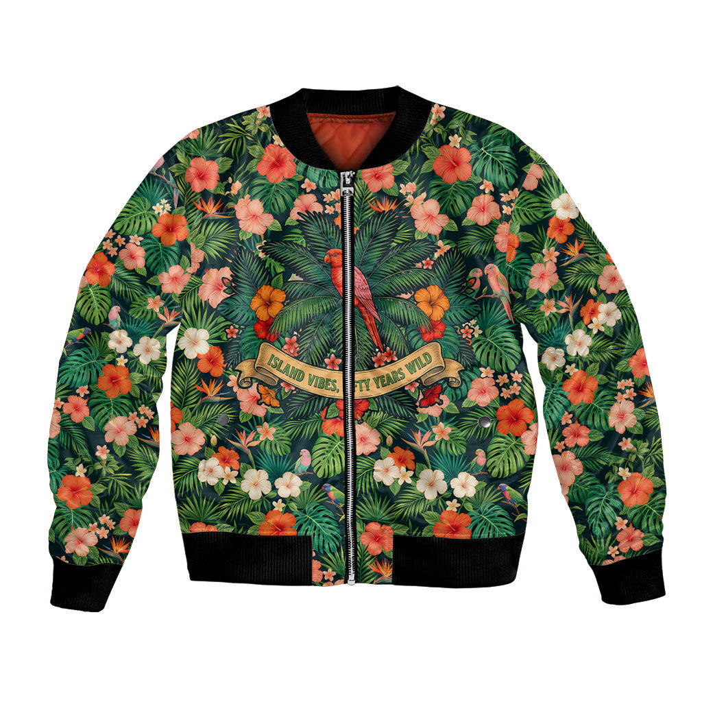 Hawaii 50th Birthday Bomber Jacket Tropical Vintage Floral Hibiscus Parrot Island Sunset Art TS04 Unisex Green Pink - Polynesian Pride