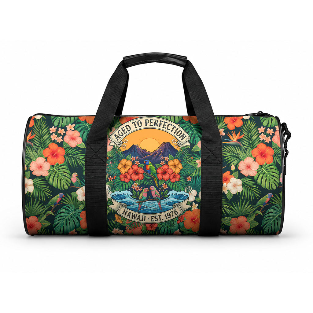Hawaii 50th Birthday Duffle Bag Tropical Vintage Floral Hibiscus Parrot Island Sunset Art