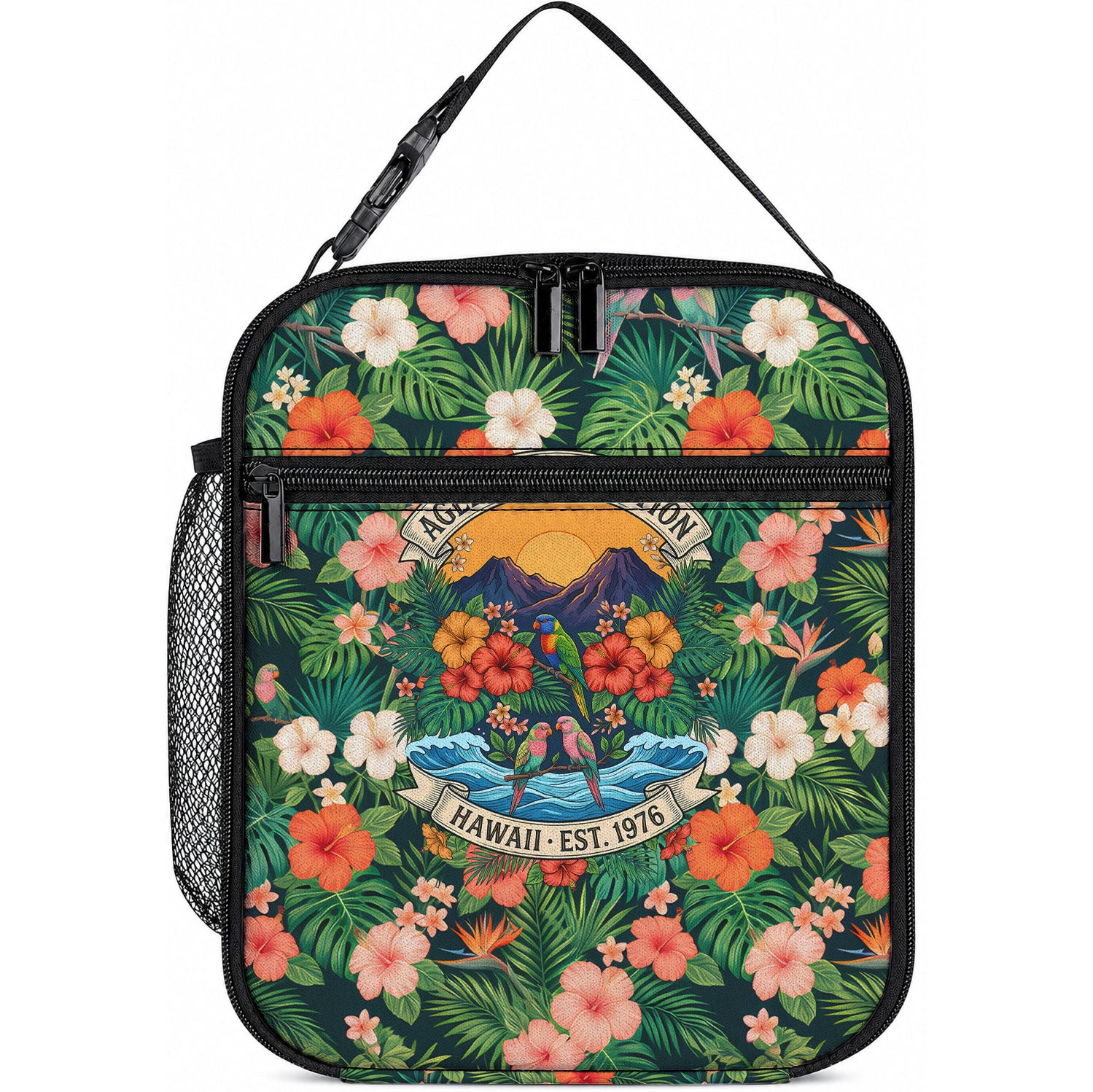 Hawaii 50th Birthday Lunch Bag Tropical Vintage Floral Hibiscus Parrot Island Sunset Art