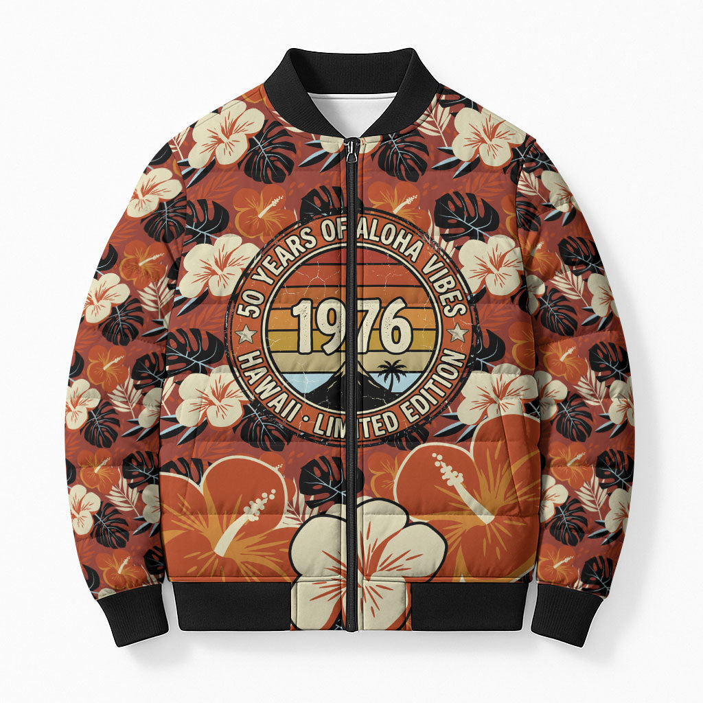 Hawaii 50th Birthday Bomber Puffer Jacket Vintage 1976 Limited Edition Floral Surfboard Aloha Vibes TS04 Unisex Orange Brown - Polynesian Pride