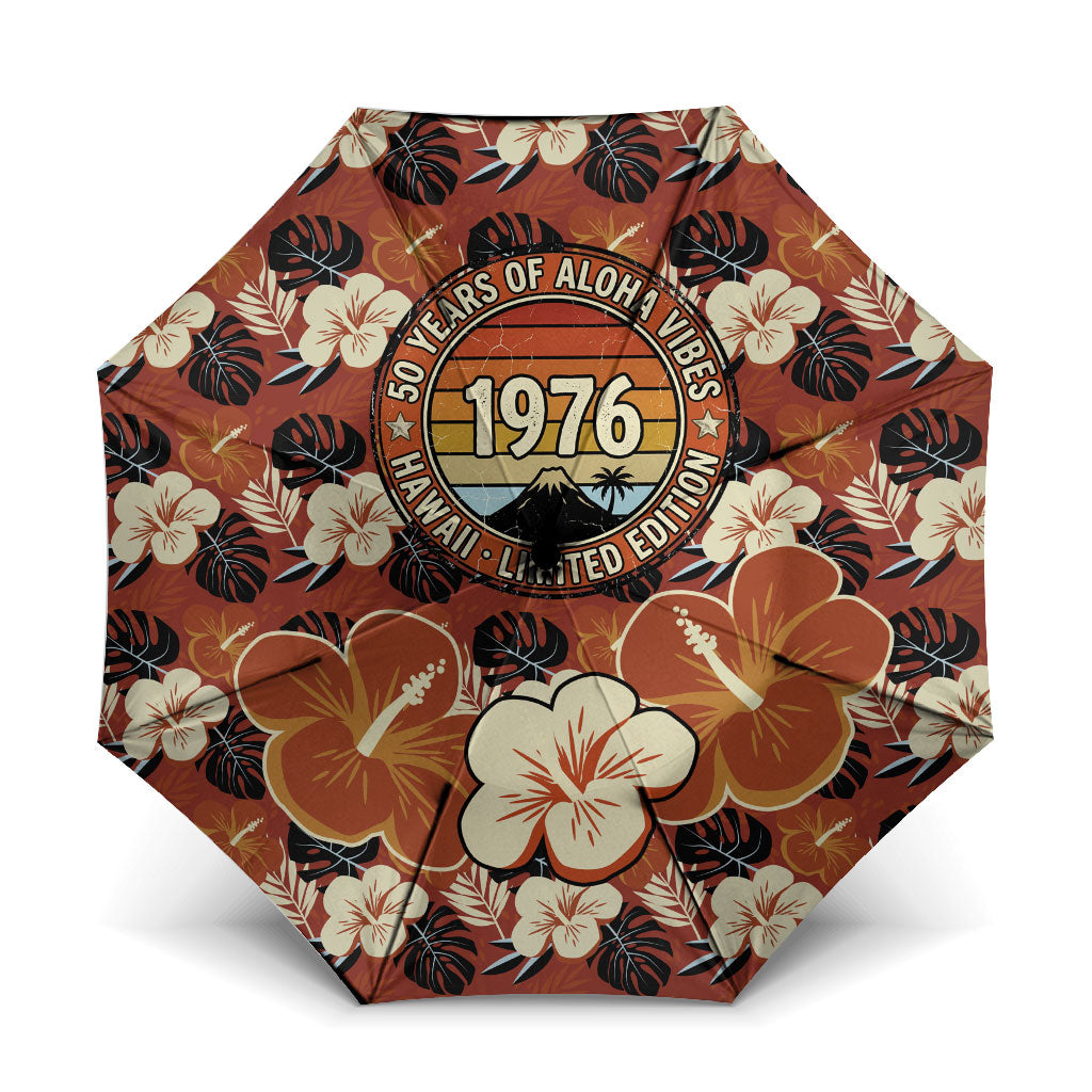 Hawaii 50th Birthday Umbrella Vintage 1976 Limited Edition Floral Surfboard Aloha Vibes TS04 One Size Folded 11.42 inch Opened Diameter 37.4 inch Orange Brown - Polynesian Pride