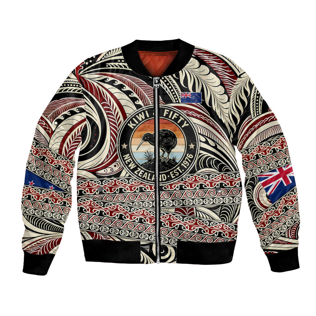 New Zealand 50th Birthday Kiwi Bomber Jacket Vintage Est 1976 Kiwi Sunset Maori TS04 Unisex Red Beige - Polynesian Pride
