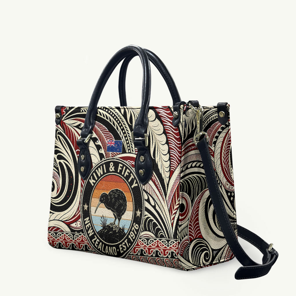 New Zealand 50th Birthday Kiwi Leather Bag Vintage Est 1976 Kiwi Sunset Maori TS04 Red Beige - Polynesian Pride