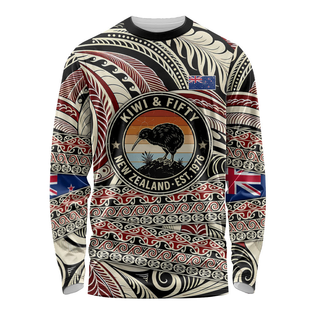 New Zealand 50th Birthday Kiwi Long Sleeve Shirt Vintage Est 1976 Kiwi Sunset Maori TS04 Unisex Red Beige - Polynesian Pride