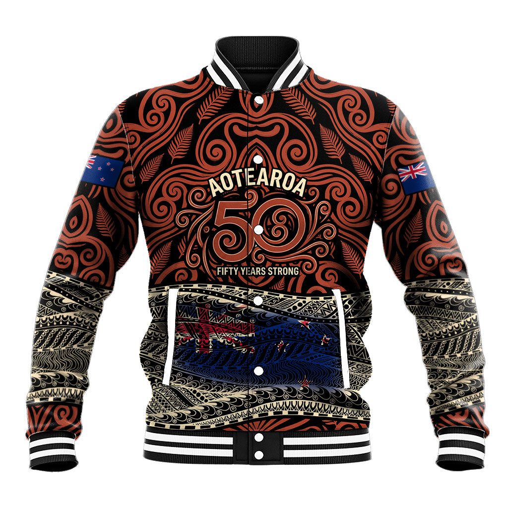 Personalised New Zealand 50th Birthday Baseball Jacket Aotearoa Tribal Pattern Silver Fern Flag TS04 Unisex Red Black - Polynesian Pride
