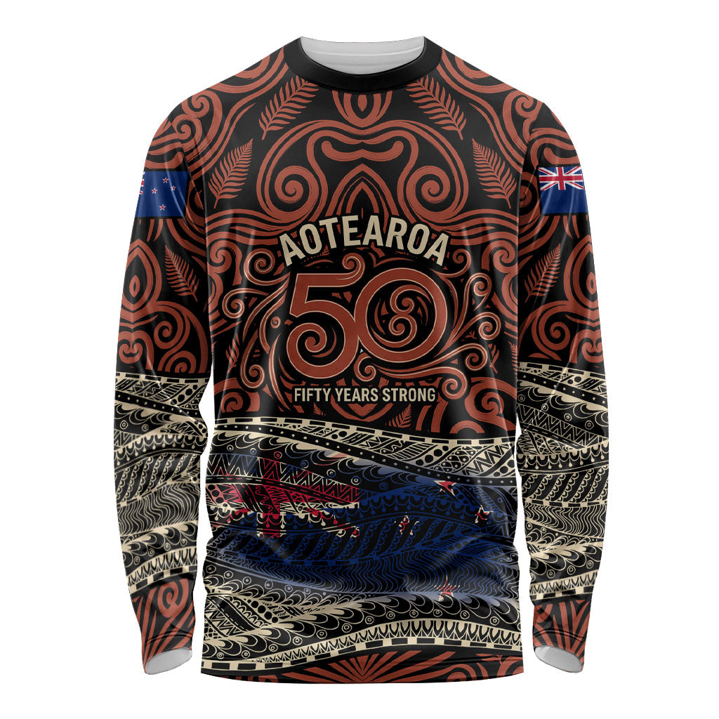 Personalised New Zealand 50th Birthday Long Sleeve Shirt Aotearoa Tribal Pattern Silver Fern Flag TS04 Unisex Red Black - Polynesian Pride