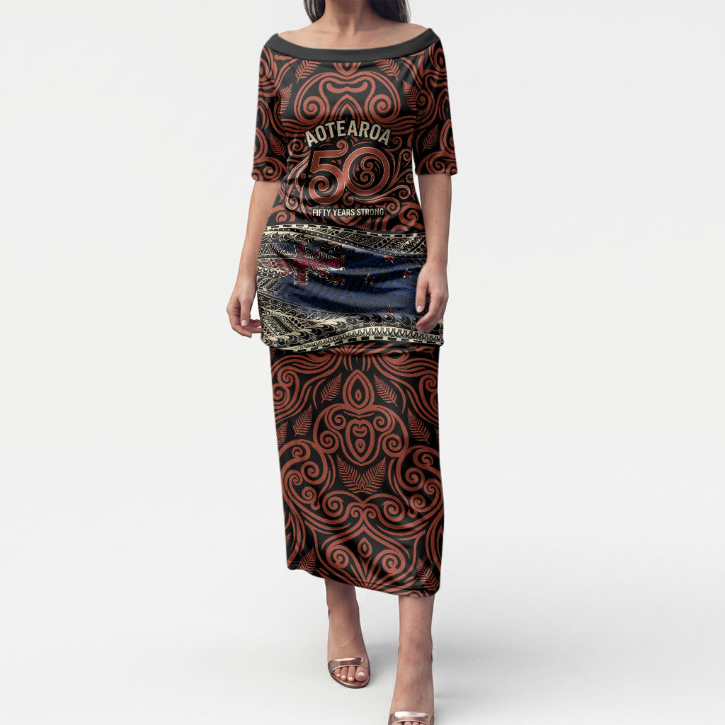 Personalised New Zealand 50th Birthday Puletasi Aotearoa Tribal Pattern Silver Fern Flag TS04 Long Dress Red Black - Polynesian Pride
