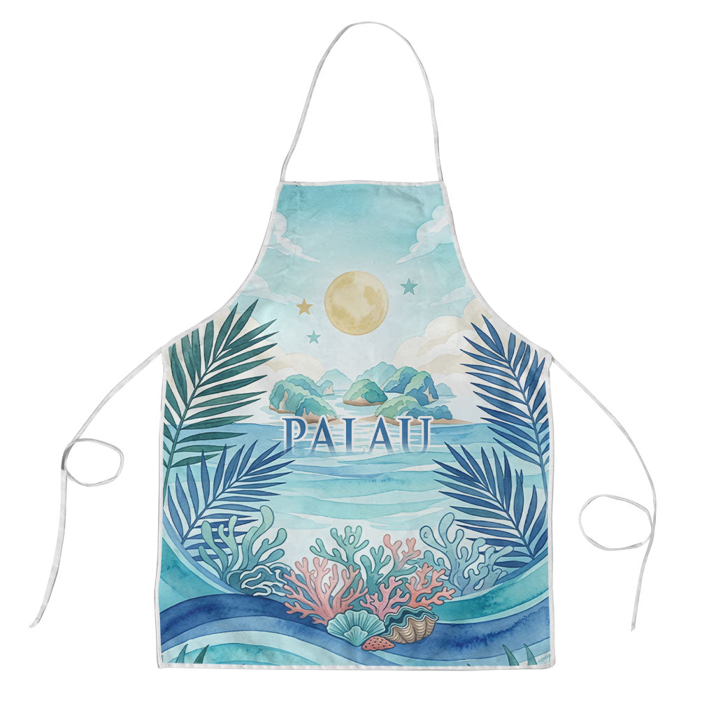 Palau Islands Of Wonder Natural Nature Apron Watercolor Tropical Beach Waterfall Coral Reef Palm Leaves TS04 Blue Green - Polynesian Pride