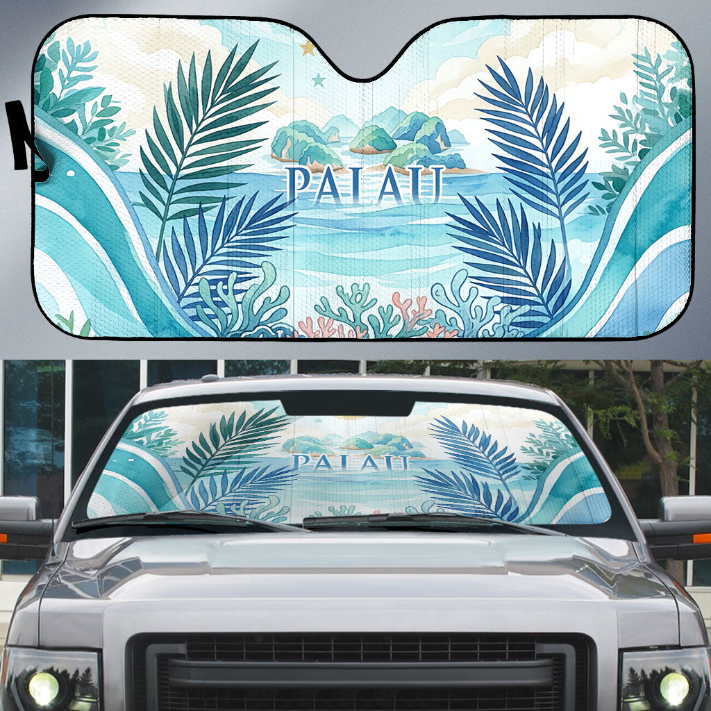 Palau Islands Of Wonder Natural Nature Auto Sun Shade Watercolor Tropical Beach Waterfall Coral Reef Palm Leaves TS04 Blue Green - Polynesian Pride