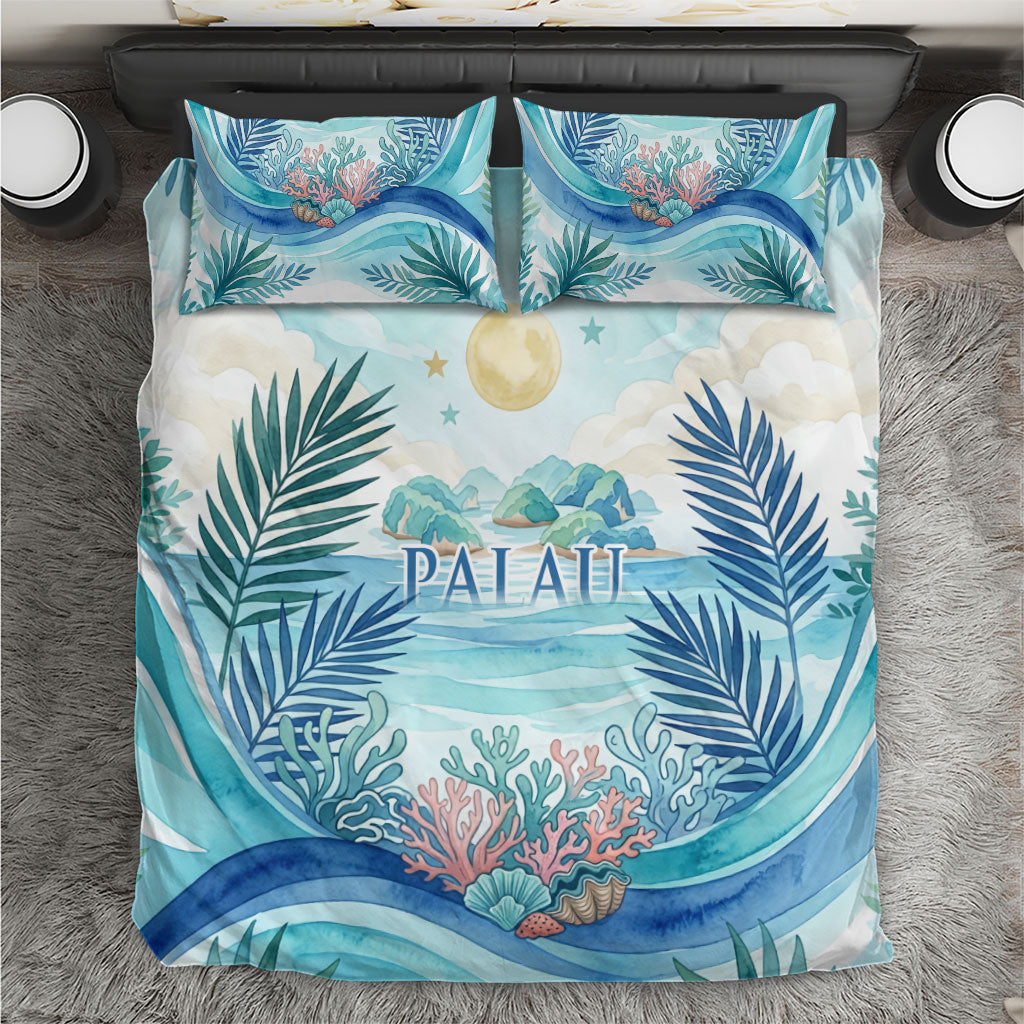 Palau Islands Of Wonder Natural Nature Bedding Set Watercolor Tropical Beach Waterfall Coral Reef Palm Leaves TS04 Blue Green - Polynesian Pride