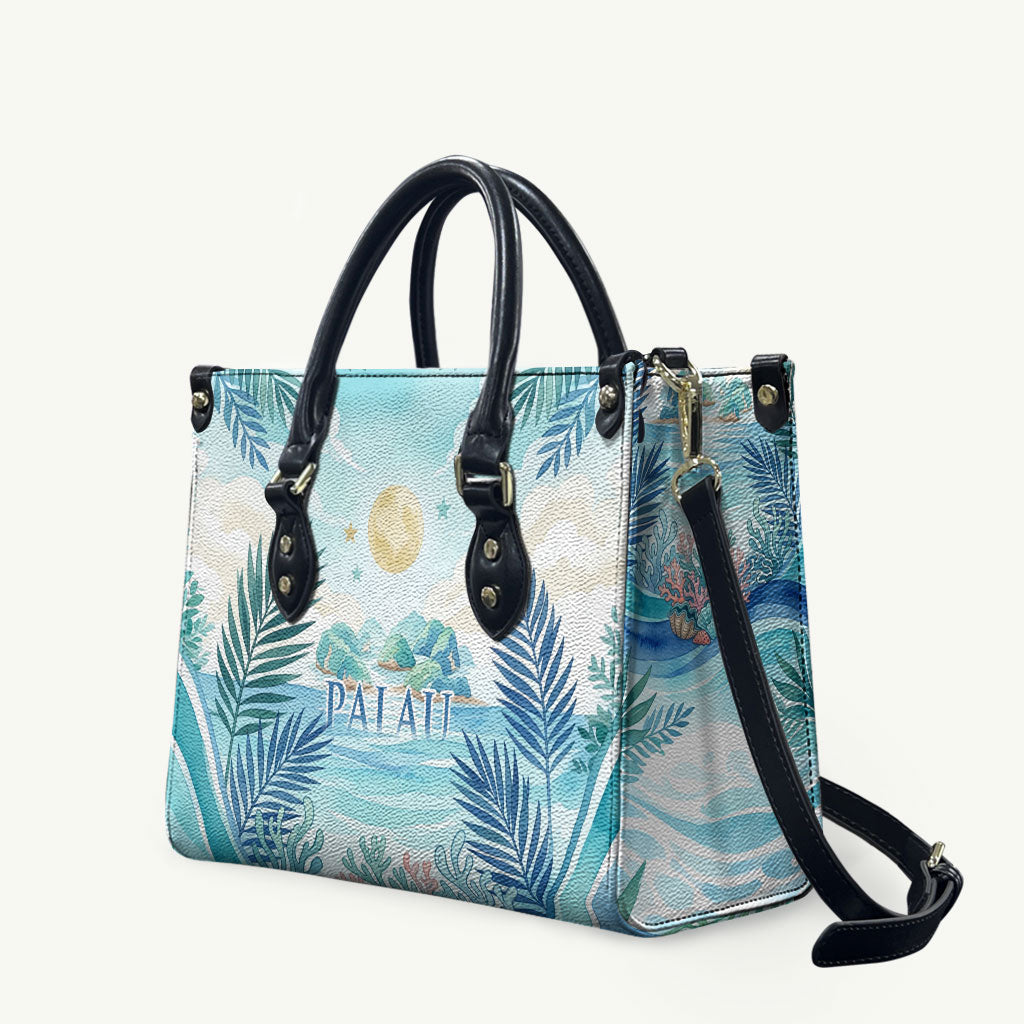 Palau Islands Of Wonder Natural Nature Leather Bag Watercolor Tropical Beach Waterfall Coral Reef Palm Leaves TS04 Blue Green - Polynesian Pride