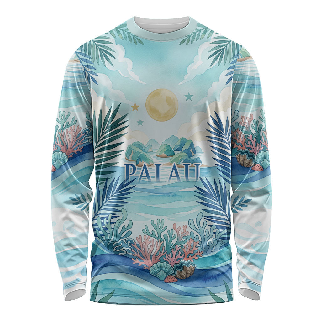 Palau Islands Of Wonder Natural Nature Long Sleeve Shirt Watercolor Tropical Beach Waterfall Coral Reef Palm Leaves TS04 Unisex Blue Green - Polynesian Pride