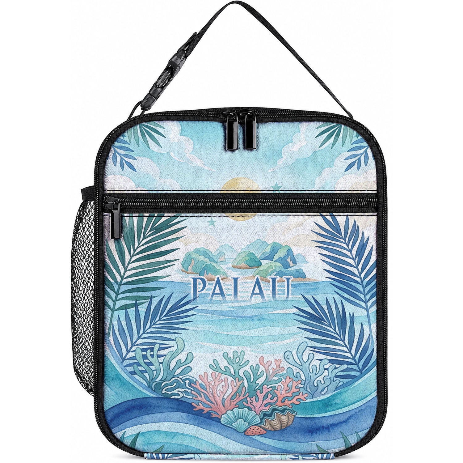 Palau Islands Of Wonder Natural Nature Lunch Bag Watercolor Tropical Beach Waterfall Coral Reef Palm Leaves TS04 10.2 × 8.3 × 4.3 inch Blue Green - Polynesian Pride