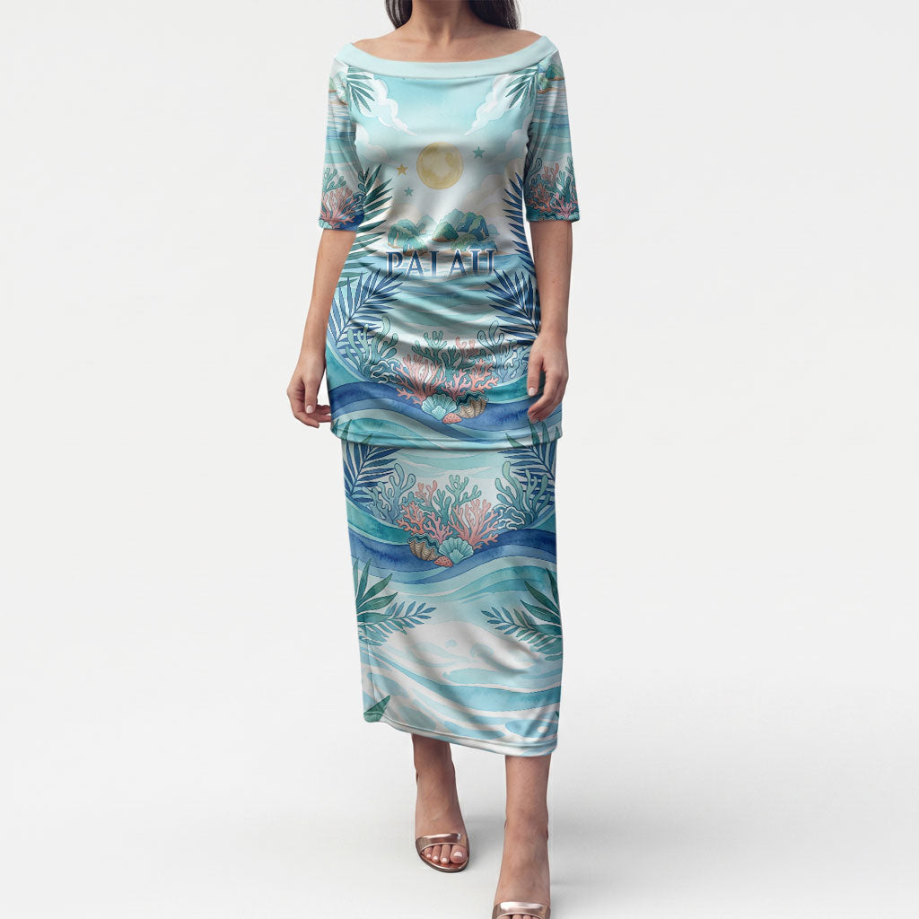 Palau Islands Of Wonder Natural Nature Puletasi Watercolor Tropical Beach Waterfall Coral Reef Palm Leaves TS04 Long Dress Blue Green - Polynesian Pride