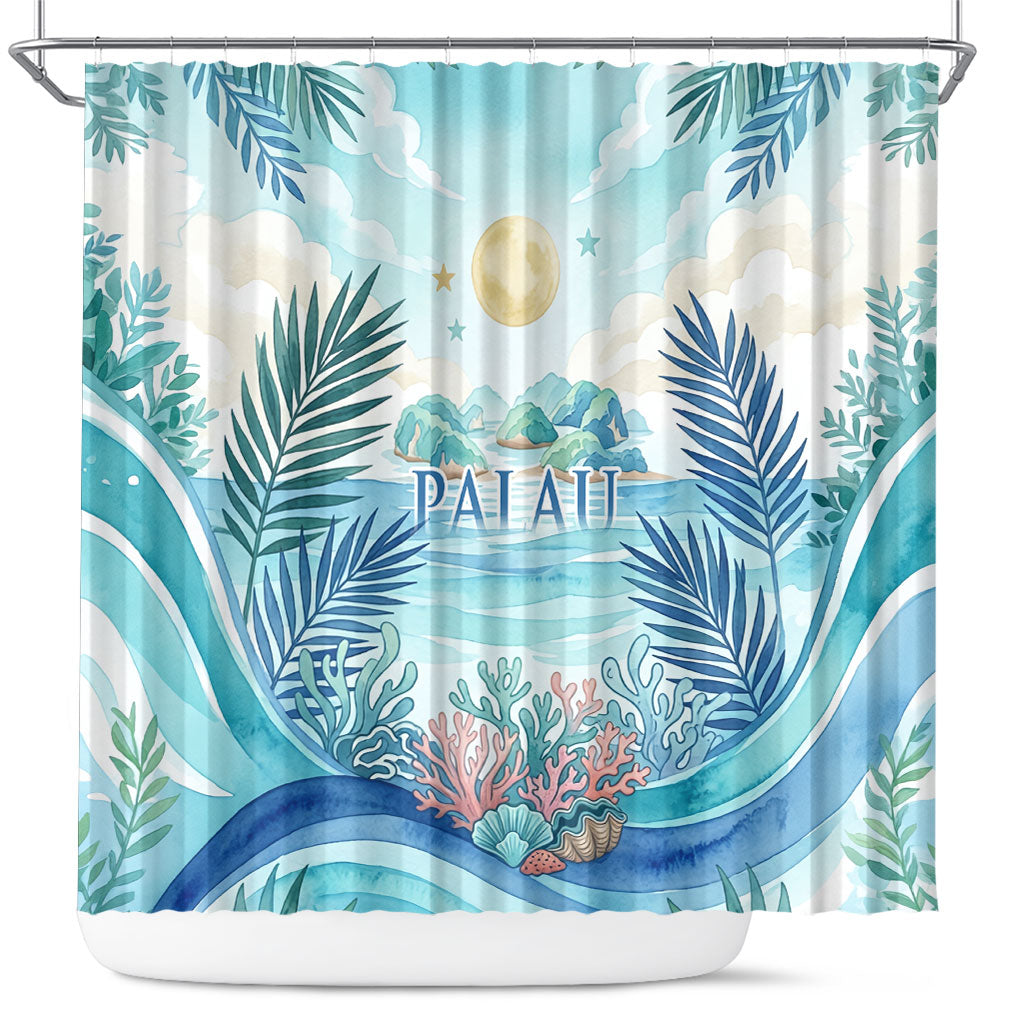 Palau Islands Of Wonder Natural Nature Shower Curtain Watercolor Tropical Beach Waterfall Coral Reef Palm Leaves TS04 Blue Green - Polynesian Pride