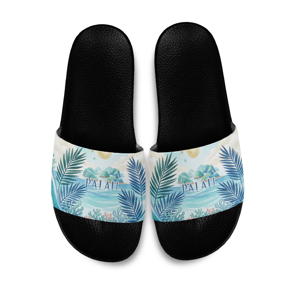 Palau Islands Of Wonder Natural Nature Slide Sandals Watercolor Tropical Beach Waterfall Coral Reef Palm Leaves TS04 Blue Green - Polynesian Pride