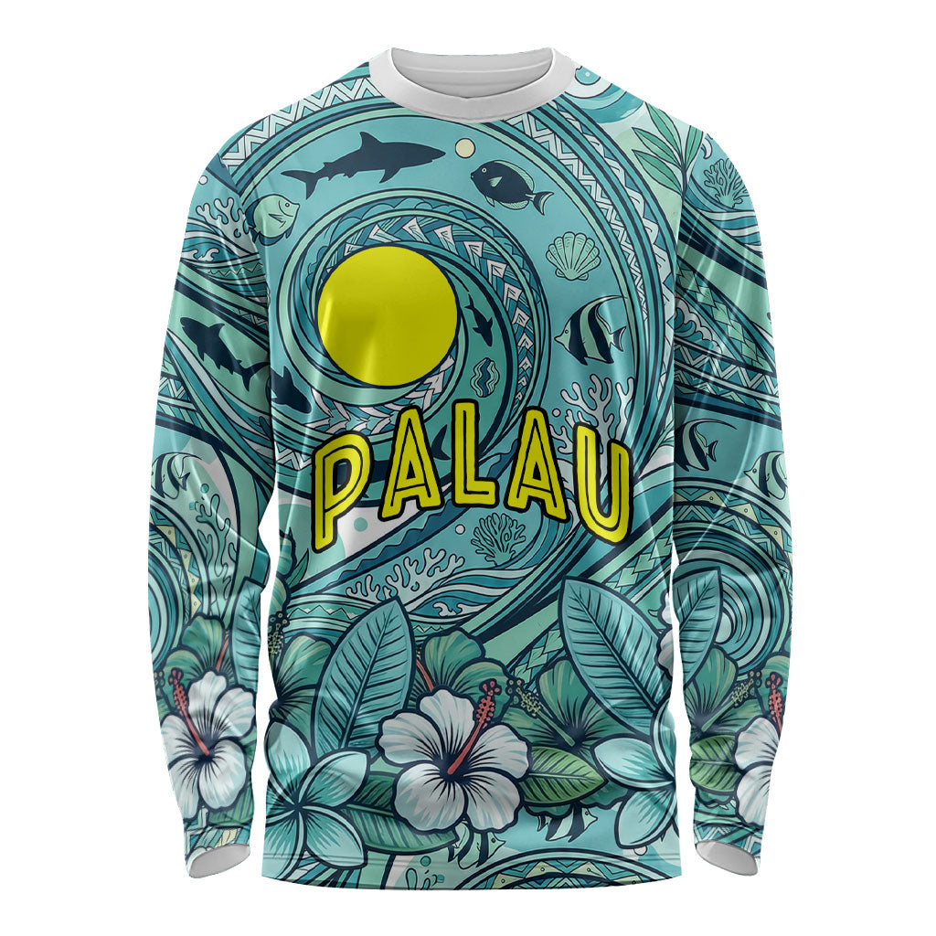 Palau Official Seal Flag Long Sleeve Shirt Tribal Pattern Ocean Marine Life Tropical Hibiscus TS04 Unisex Blue Green - Polynesian Pride