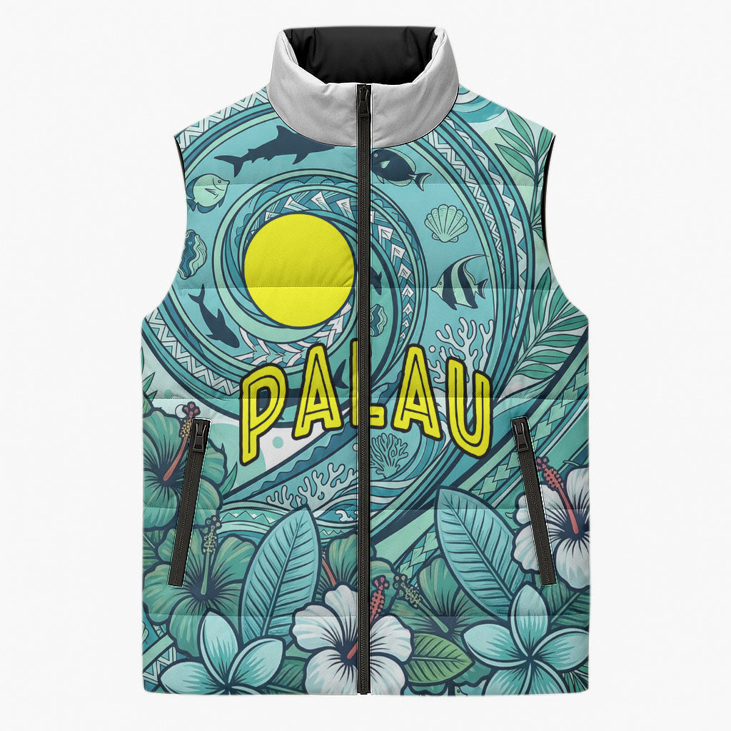 Palau Official Seal Flag Sleeveless Puffer Jacket Tribal Pattern Ocean Marine Life Tropical Hibiscus TS04 Unisex Blue Green - Polynesian Pride