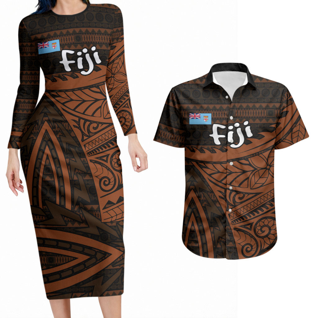 Straight Outta Kadavu Fiji Couples Matching Long Sleeve Bodycon Dress and Hawaiian Shirt Tribal Polynesian Tattoo Coat Of Arms Flag TS04 Brown Black - Polynesian Pride