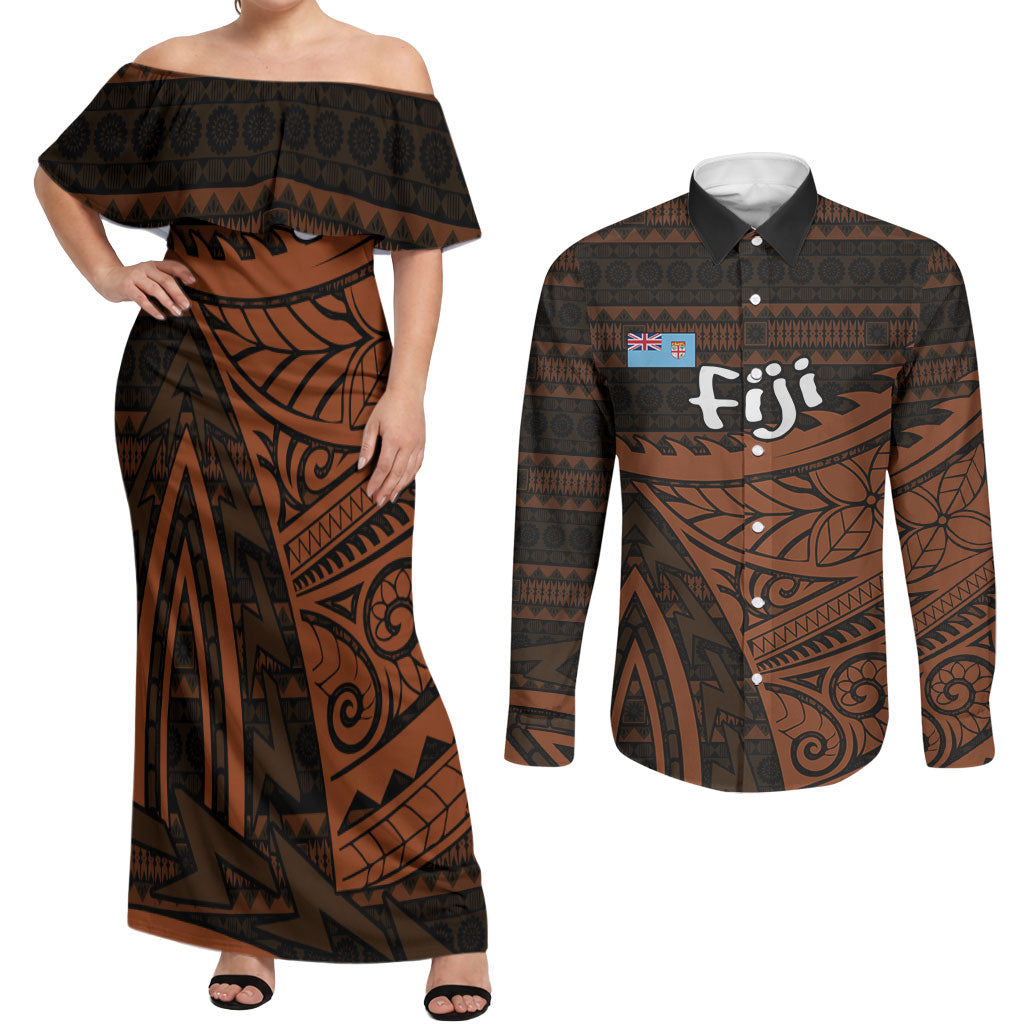 Straight Outta Kadavu Fiji Couples Matching Off Shoulder Maxi Dress and Long Sleeve Button Shirt Tribal Polynesian Tattoo Coat Of Arms Flag