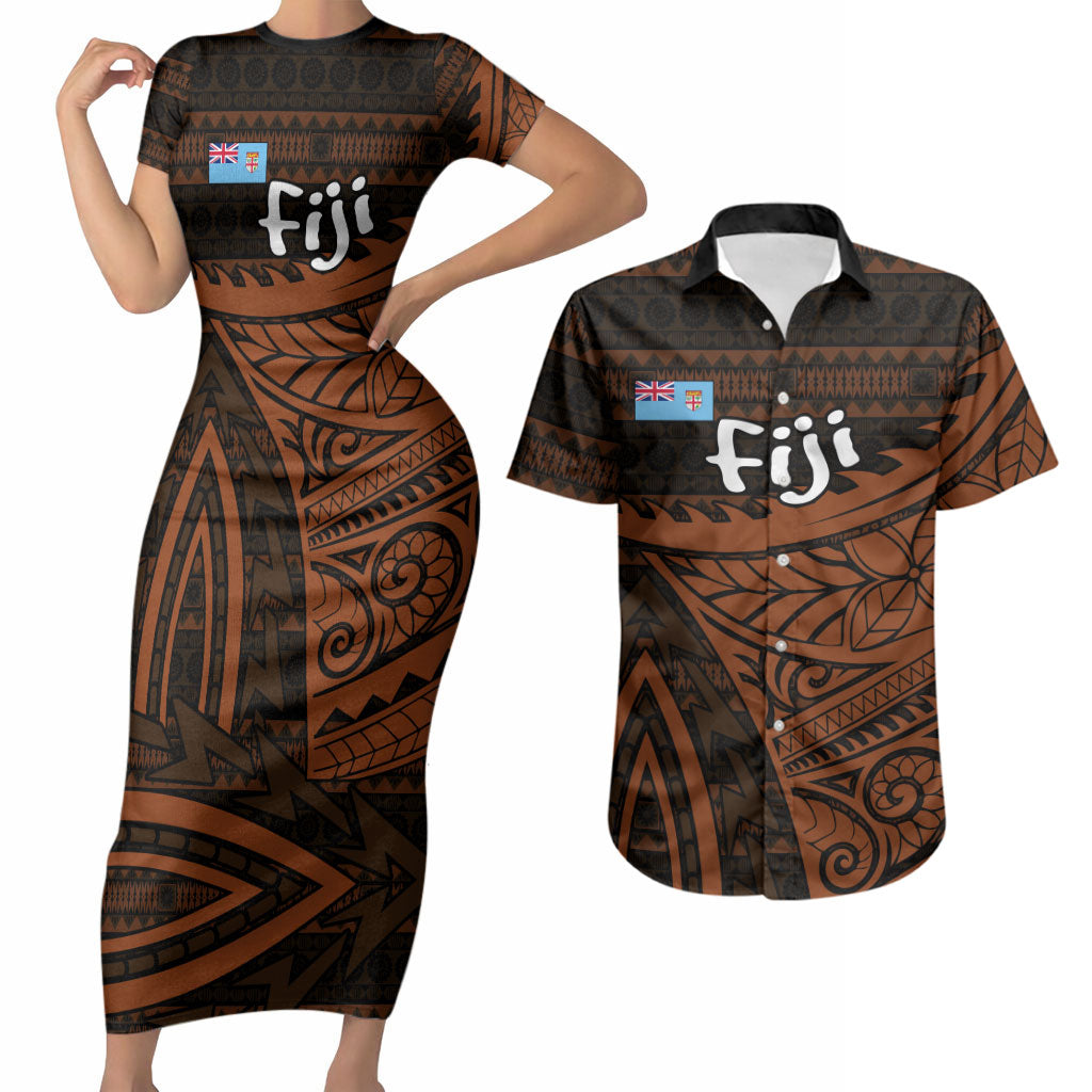 Straight Outta Kadavu Fiji Couples Matching Short Sleeve Bodycon Dress and Hawaiian Shirt Tribal Polynesian Tattoo Coat Of Arms Flag