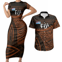 Straight Outta Kadavu Fiji Couples Matching Short Sleeve Bodycon Dress and Hawaiian Shirt Tribal Polynesian Tattoo Coat Of Arms Flag TS04 Brown Black - Polynesian Pride