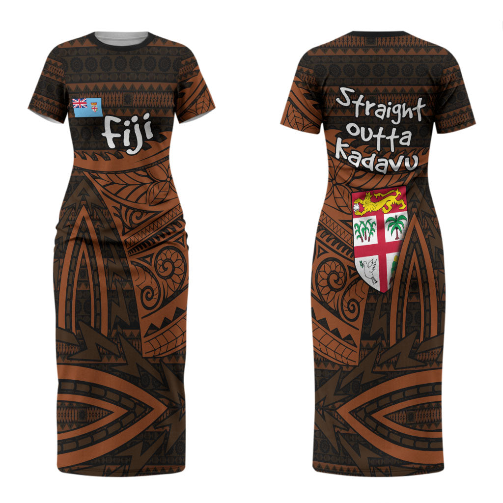 Straight Outta Kadavu Fiji Couples Matching Short Sleeve Bodycon Dress and Hawaiian Shirt Tribal Polynesian Tattoo Coat Of Arms Flag TS04 - Polynesian Pride