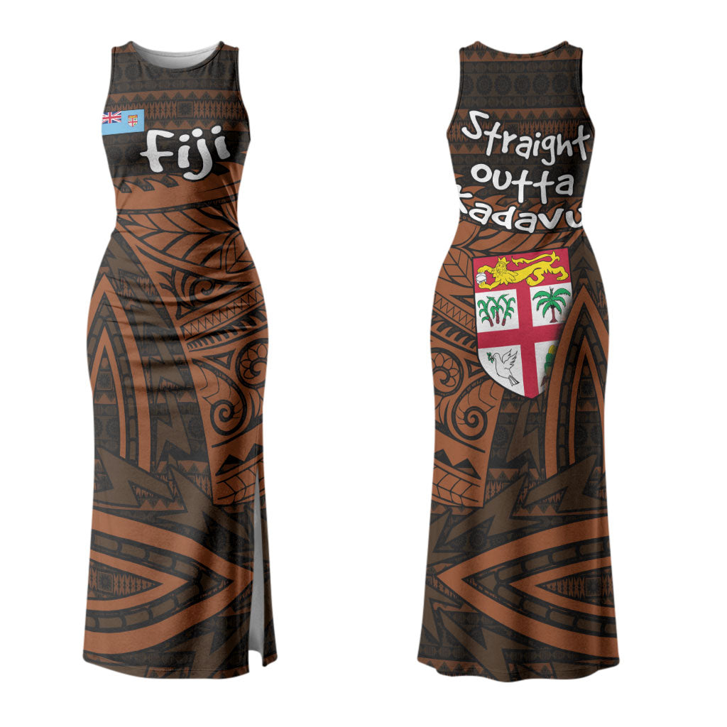 Straight Outta Kadavu Fiji Couples Matching Tank Maxi Dress and Long Sleeve Button Shirt Tribal Polynesian Tattoo Coat Of Arms Flag TS04 - Polynesian Pride