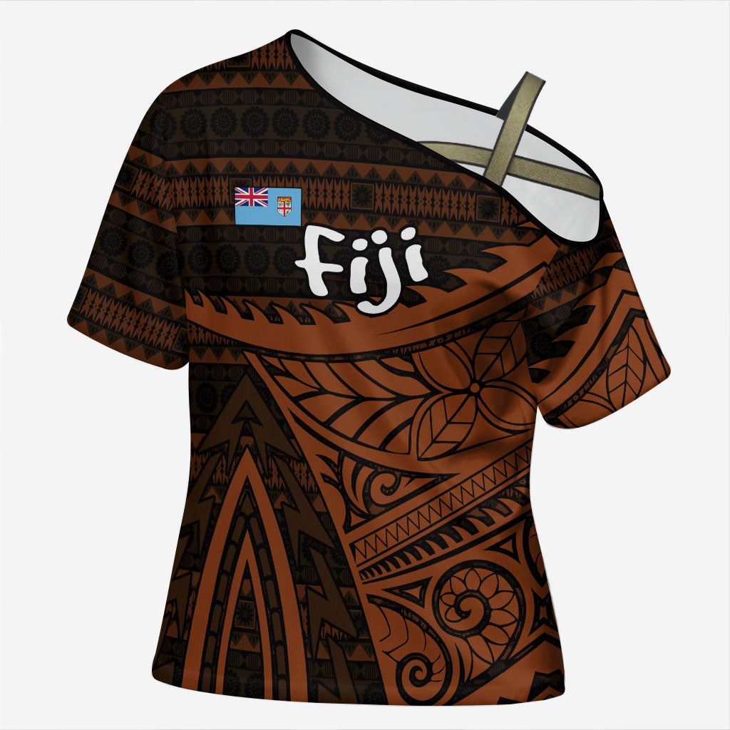 Straight Outta Kadavu Fiji Cross Shoulder Shirt Tribal Polynesian Tattoo Coat Of Arms Flag TS04 Female Brown Black - Polynesian Pride