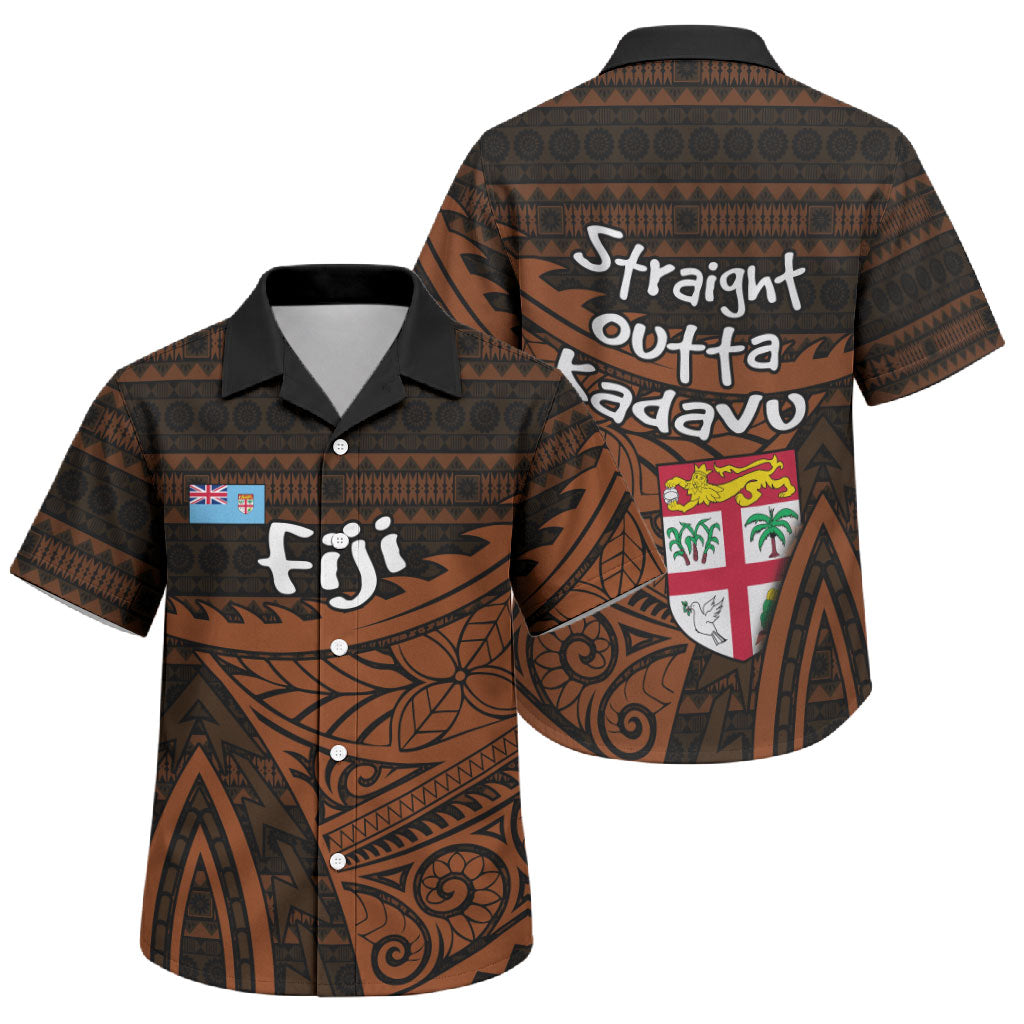 Straight Outta Kadavu Fiji Family Matching Long Sleeve Bodycon Dress and Hawaiian Shirt Tribal Polynesian Tattoo Coat Of Arms Flag TS04 Son's Shirt Brown Black - Polynesian Pride
