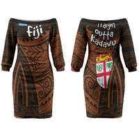 Straight Outta Kadavu Fiji Family Matching Off The Shoulder Long Sleeve Dress and Hawaiian Shirt Tribal Polynesian Tattoo Coat Of Arms Flag TS04 Mom's Dress Brown Black - Polynesian Pride