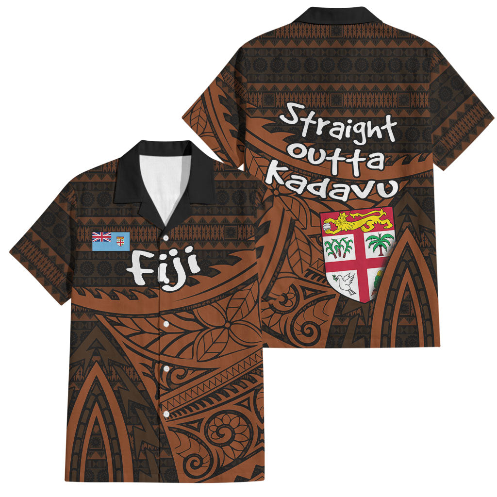 Straight Outta Kadavu Fiji Family Matching Off The Shoulder Long Sleeve Dress and Hawaiian Shirt Tribal Polynesian Tattoo Coat Of Arms Flag TS04 Dad's Shirt - Short Sleeve Brown Black - Polynesian Pride