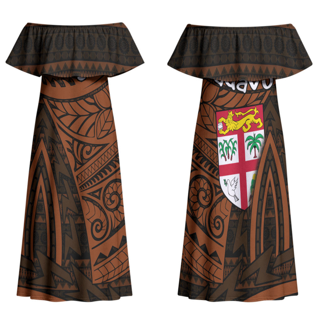 Straight Outta Kadavu Fiji Family Matching Off Shoulder Maxi Dress and Hawaiian Shirt Tribal Polynesian Tattoo Coat Of Arms Flag TS04 Mom's Dress Brown Black - Polynesian Pride