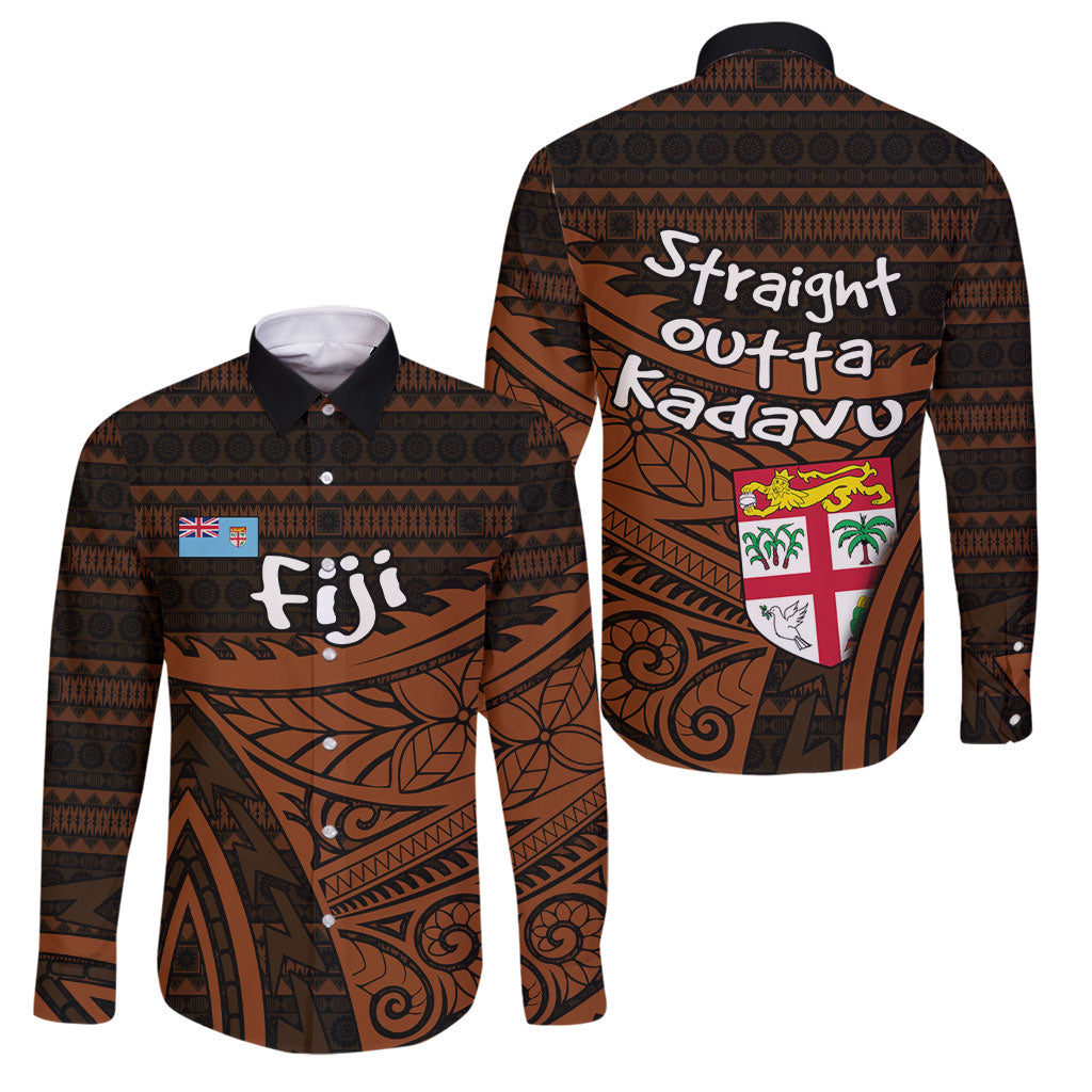 Straight Outta Kadavu Fiji Family Matching Off Shoulder Maxi Dress and Hawaiian Shirt Tribal Polynesian Tattoo Coat Of Arms Flag TS04 Dad's Shirt - Long Sleeve Brown Black - Polynesian Pride